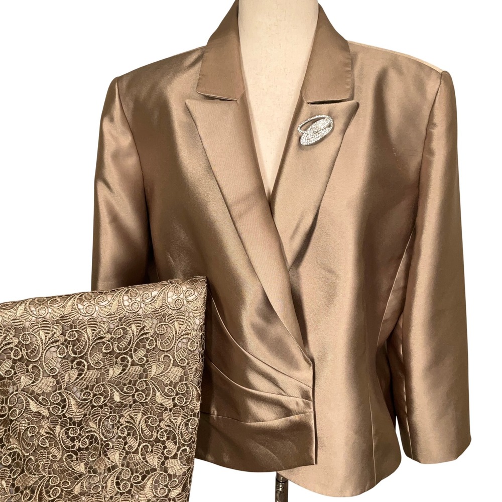 Tahari ASL Luxe Skirt Suit Womens 16 Bronze Metallic Lace Stitched Brooch